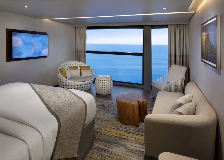 Celebrity Flora, FL, architectural, architecture, Galapagos Islands, luxury mega yacht, Sky Suite with Infinite Veranda, accommodations, stateroom, cabin