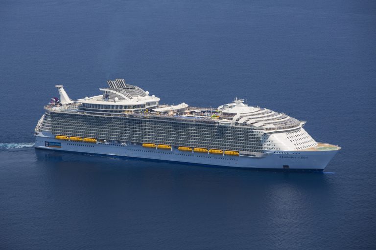 HM, Harmony of the Seas, Aerial - Offshore Barcelona (Spain) June 6, 2016, side view, starboard, at sea,