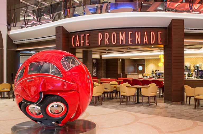 SY, Symphony of the Seas, Cafe Promenade - Royal Promenade - Deck 5 Midship Portside, restaurant exterior, Beetle Sphere, by artist Ichwan Noor, made with parts from a 1953 Volkswagon, artwork, red car sculpture,