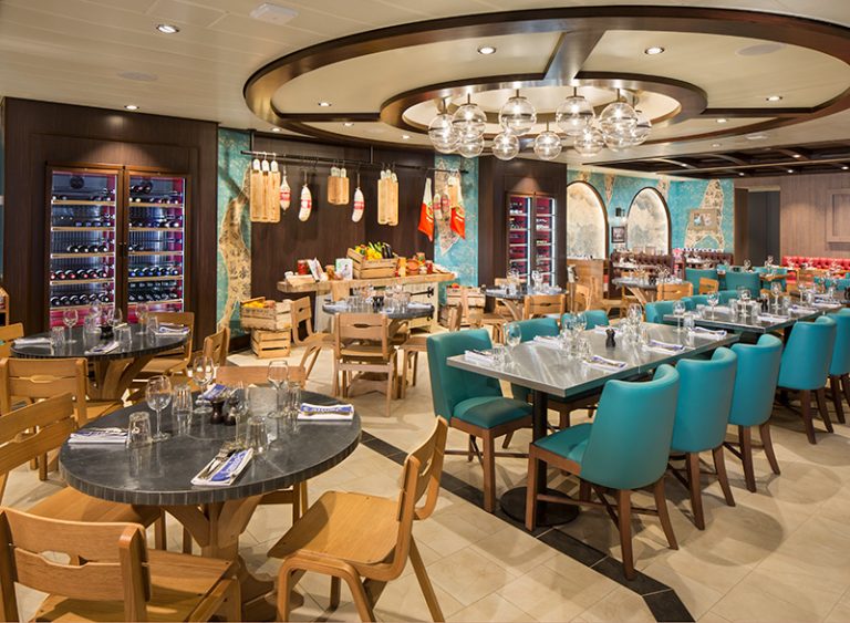 SY, Symphony of the Seas, Jamie''s Italian restaurant interior - Deck 8 Midship Starboard, Italian cuisine, tables settings, chairs, wine cooler, decor,