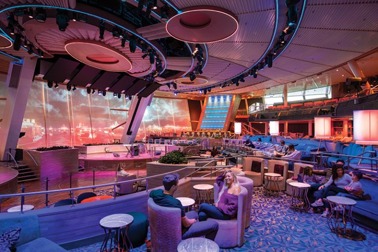 OV, Ovation of the Seas, Two70 lounge, daytime, day, venue, screen projections, guests relaxing in comfy chairs