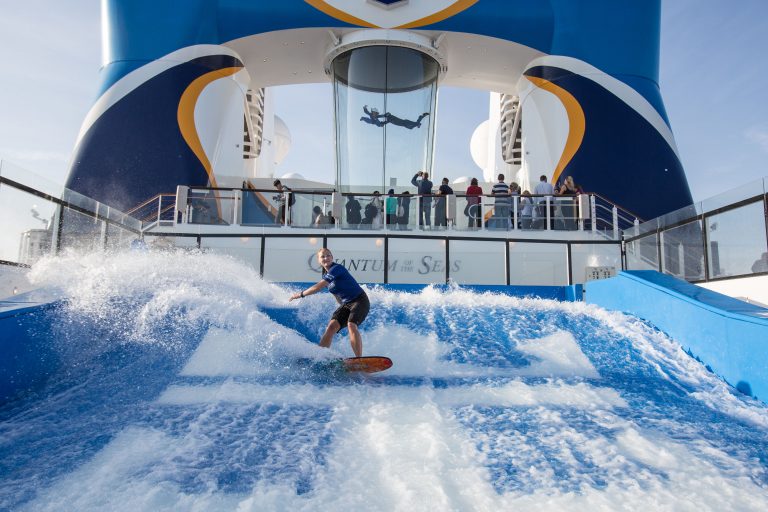 QN, Quantum of the Seas, FlowRider, surf simulator, surfer, RipCord by iFly in background, fun,